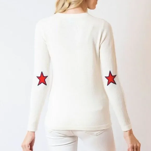 Two Bees Cashmere Star Stripe Intarsia Crewneck Lightweight Sweater Ivory & Red